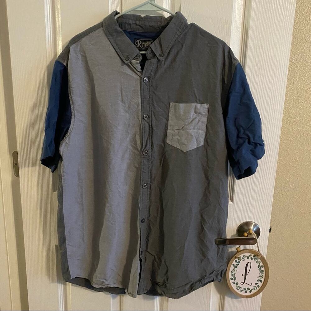 RetroFit Big & Tall Colorblock Button Down Shop Shirt Men's Size XXL Blue Gray